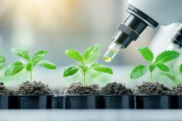 Sustainability resources policy concept. Growing plants enhanced by technology in a laboratory setting.