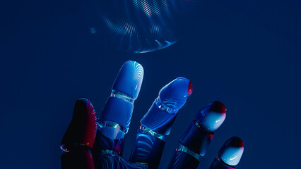 Robot hand holds glowing sphere in futuristic AI concept