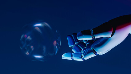 Robot hand holds glowing sphere in futuristic AI concept