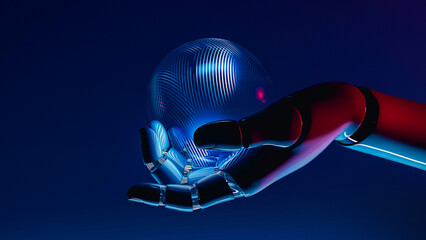Robot hand holds glowing sphere in futuristic AI concept