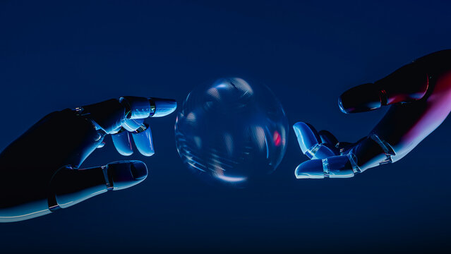 Robot hands holding glowing sphere in futuristic AI concept