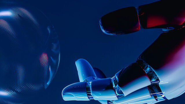 Robot hand holds glowing sphere in futuristic AI concept