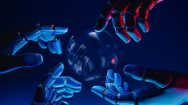 Robot hands holding glowing sphere in futuristic AI concept