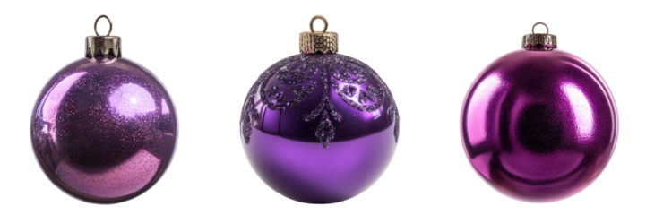 Three purple Christmas ornaments isolated on a transparent background 1