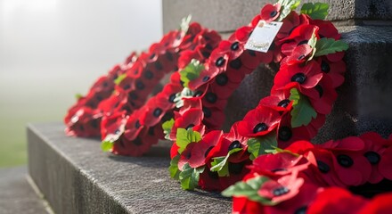 Remembrance day wreaths on monument at misty dawn commemoration ceremony
