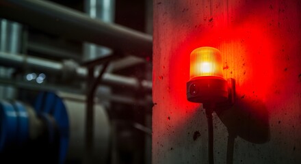Industrial safety alert with red emergency signal light illuminating a factory wall for workplace security measures