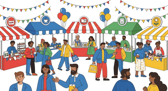 Illustration of a diverse crowd of people shopping and socializing at colorful market stalls with striped awnings and festive bunting.