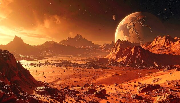 A sweeping vista of an alien planetary surface, with rugged mountains and a rusty-red landscape under an orange-tinted sky