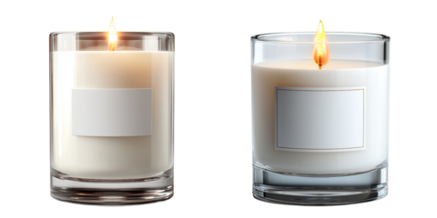 Two glass candles with white labels isolated on a transparent background