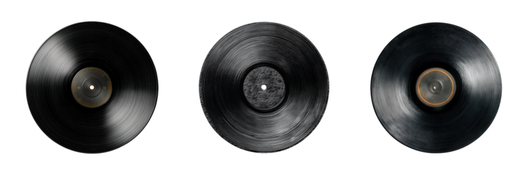 Three vintage vinyl records displayed isolated on a transparent background