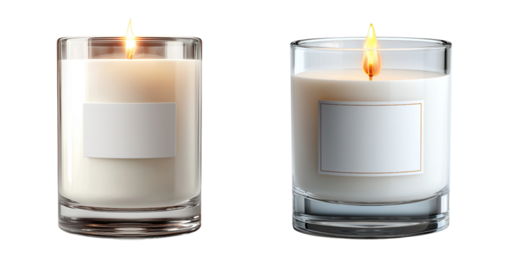 Two glass candles with white labels isolated on a transparent background