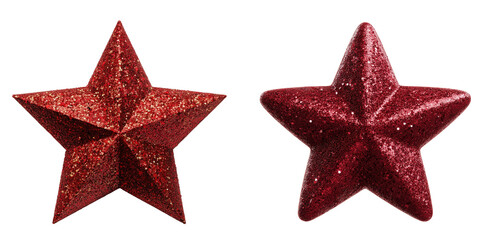 Obraz premium Two red glitter star ornaments isolated on a transparent background