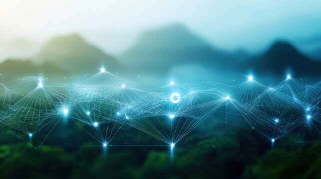 Sustainability resources policy concept. Abstract digital landscape with connecting lines and glowing nodes in a serene atmosphere.