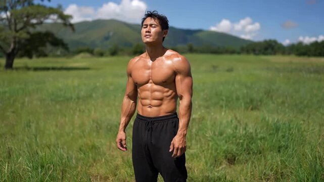 Outdoor muscleman shows off his fitness achievements