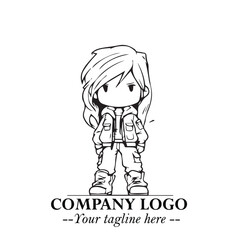 Black and White Chibi Girl Standing in Jacket, Pants, and Boots. Simple Bold Vector Illustration