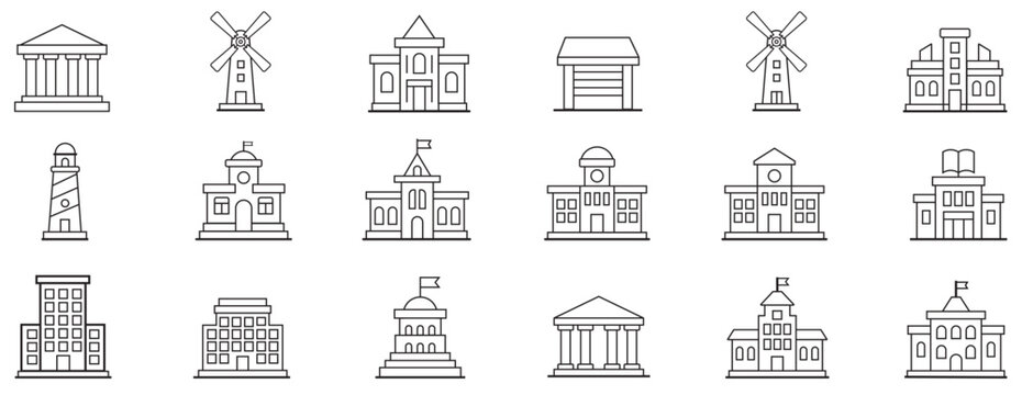 Government architecture vectors for city and urban design, Bank building icon set for web and apps, Minimal line landmark icons collection pack, Line art architecture landmark icon bundle.