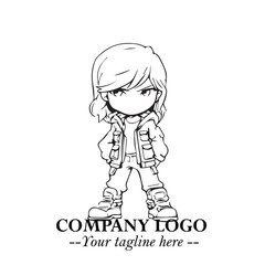 Black and White Chibi Girl Standing in Jacket, Pants, and Boots. Simple Bold Vector Illustration