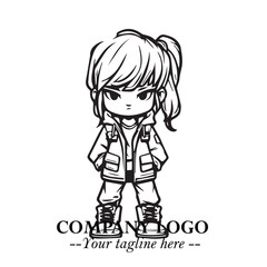 Black and White Chibi Girl Standing in Jacket, Pants, and Boots. Simple Bold Vector Illustration