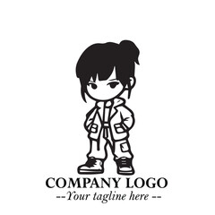 Black and White Chibi Girl Standing in Jacket, Pants, and Boots. Simple Bold Vector Illustration