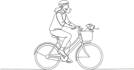 Fototapeta premium Person wearing a helmet riding a bicycle with a dog in the front basket line art drawing Animal Transportation Outdoor Lifestyle