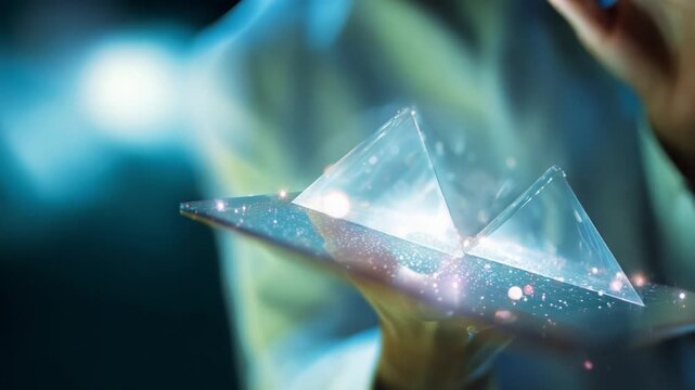 A person carefully manipulating two crystal pyramids, showcasing the interplay of light and energy while exploring their aesthetic beauty and scientific properties in a captivating scene.