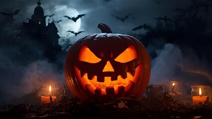 A spooky Halloween scene with a carved pumpkin glowing with an eerie grin, surrounded by mist, bats, and flickering candlelight. The background features a moonlit sky and a haunted house silhouette.