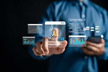 AI trading interface with data visualization, analytics charts, and code generation of algorithmic trading, fintech innovation, smart investing, and artificial intelligence in finance.