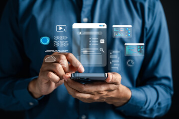 AI technology with data, cloud, chat, and analytics. smart digital transformation, automation, and artificial intelligence integration in everyday digital applications.