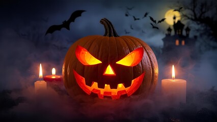 A spooky Halloween scene with a carved pumpkin glowing with an eerie grin, surrounded by mist, bats, and flickering candlelight. The background features a moonlit sky and a haunted house silhouette.