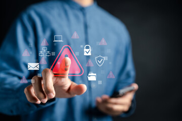 Cybersecurity warning with alert, email, padlock, and shield. digital risk detection, data breach prevention, and secure system threat monitoring in technology.