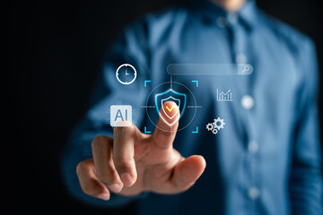 Secure AI technology concept with shield icon, data analytics, and futuristic. artificial intelligence protection, cybersecurity, and safe digital solutions for everyday use.