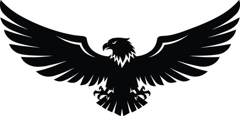 Fototapeta premium Eagle silhouette vector illustration, black symmetrical wings spread design, powerful bird emblem, patriotic animal symbol, strong majestic raptor graphic art logo