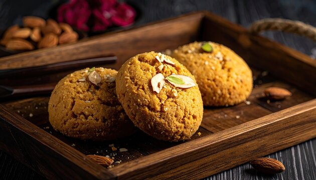 Bangladeshi Mohan Bhog Ghee Rich Semolina Sweet Pastry Topped with Almonds and Pistachios Arranged with Dry Fruits on Wooden Tray with Dark Background and Soft Lighting