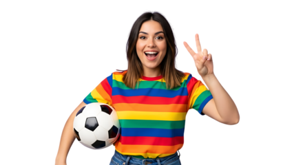 Excited young woman holding a soccer ball making a peace sign isolated on white perfect for sports and lifestyle content