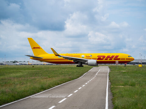 DHL Air Transport Boeing 767 aircraft is taxiing at MXP Milano Malpensa international airport. Bringing The Mountain Bongos Home Livery