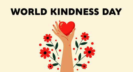 World Kindness Day illustration featuring a hand holding a heart surrounded by flowers for social media and greeting cards