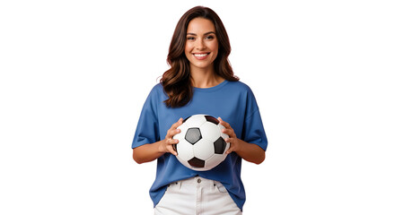 Smiling woman holding a soccer ball isolated on white background perfect for sports and fitness content