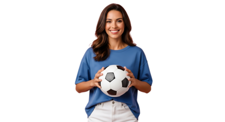 Smiling woman holding a soccer ball isolated on white background perfect for sports and fitness content