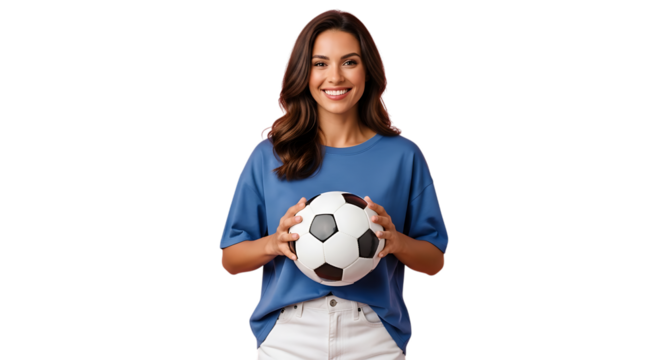 Smiling woman holding a soccer ball isolated on white background perfect for sports and fitness content
