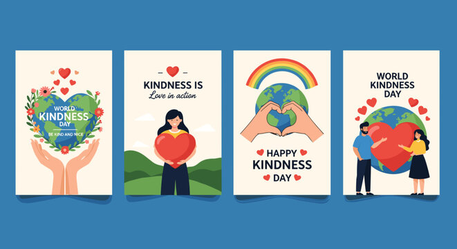 Set of World Kindness Day posters featuring heart shapes floral elements and diverse characters perfect for social media campaigns and awareness initiatives - Powered by Adobe