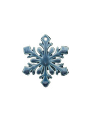 Ceramic toy in the form of a snowflake on a Christmas tree isolated on a white background. Handmade work.