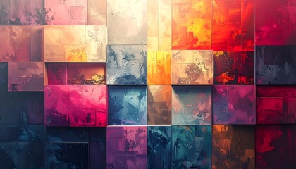 Geometric abstraction showcasing colorful, textured square blocks