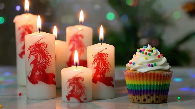 Patterned candles and colorful cupcakes