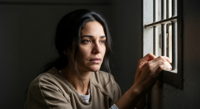 A woman in distress, looking out from behind prison bars.