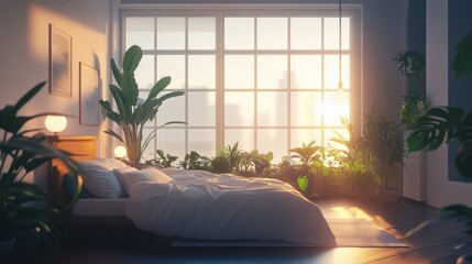 Cozy bedroom with large window and lush plants bathed in sunlight.