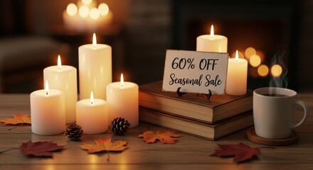 Seasonal sale 60 off with candles and coffee on wooden table indoors