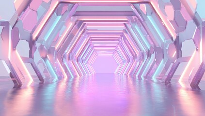 Abstract pink and blue neon hexagon tunnel