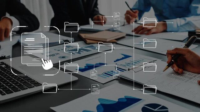 A dynamic office scene showcasing teamwork and document management with laptops, charts, and files, emphasizing collaboration and productivity in a modern workspace. Raster