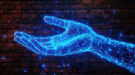 Digital Hand Reaching Out with Glowing Blue Lines on Brick Wall.