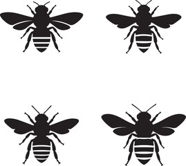 Bee Silhouette Collection – Black Insect Icons with Wings and Antennae on White Background